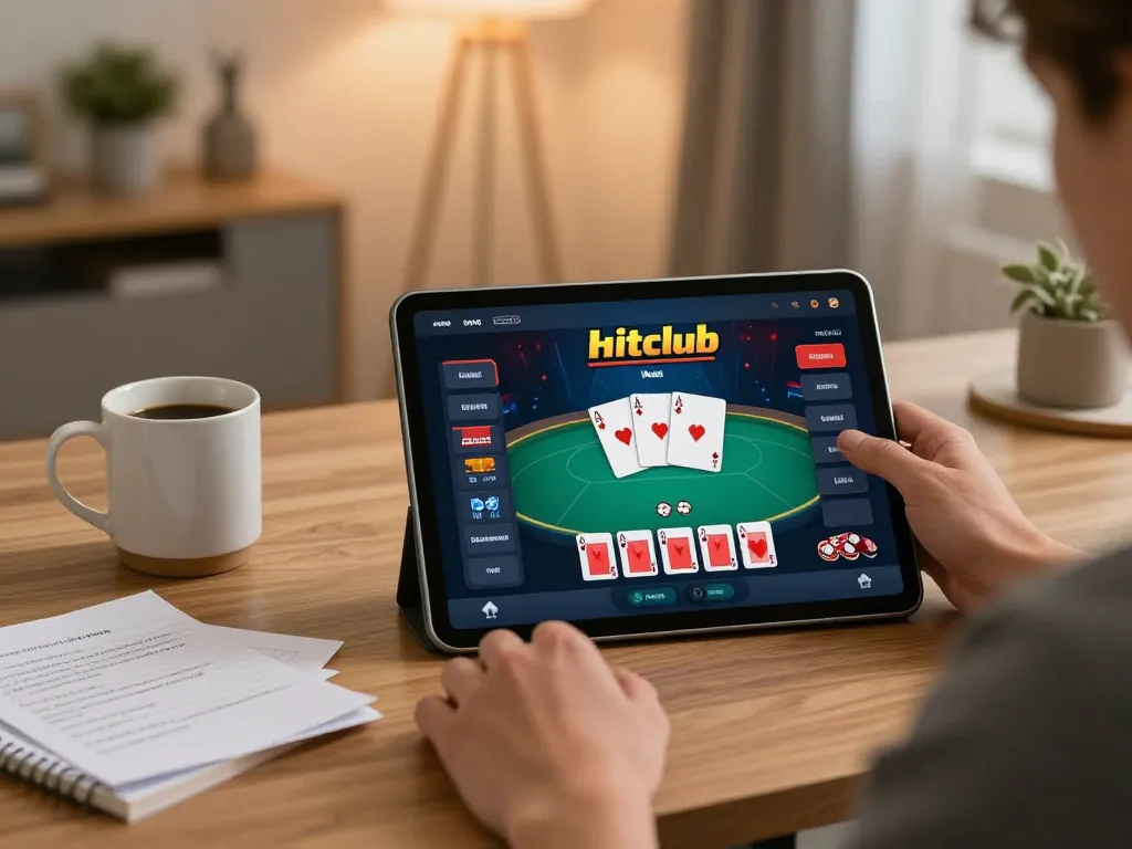 Engaging in strategic poker gameplay at home on hitclub platform with stylish setup.