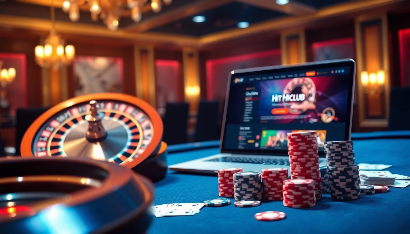Experience the excitement at Hitclub with vibrant casino games, chips, and roulette.