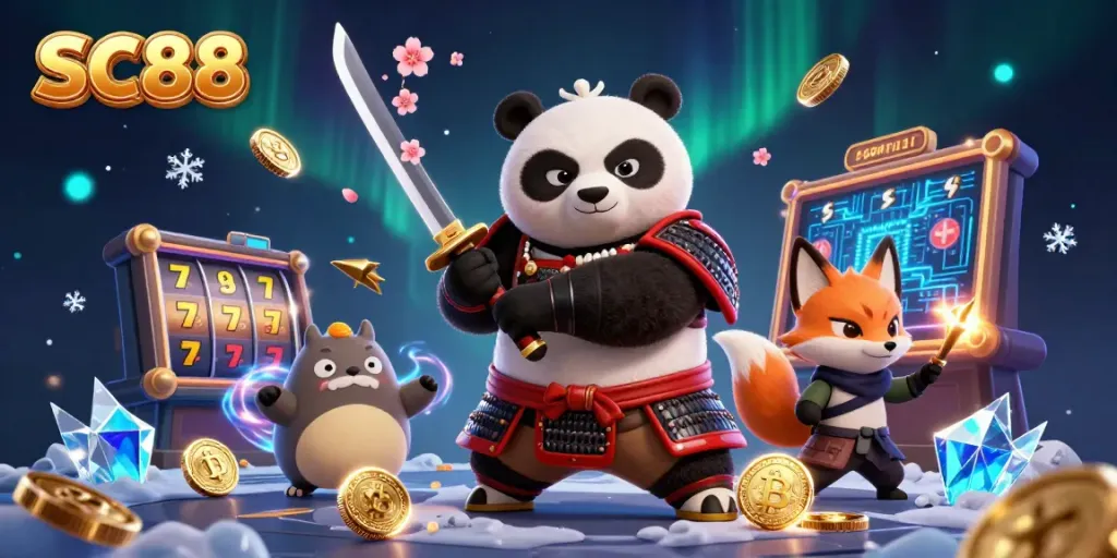 SC88 offers thrilling gameplay with samurai panda and ninja fox in a vibrant casino scene.