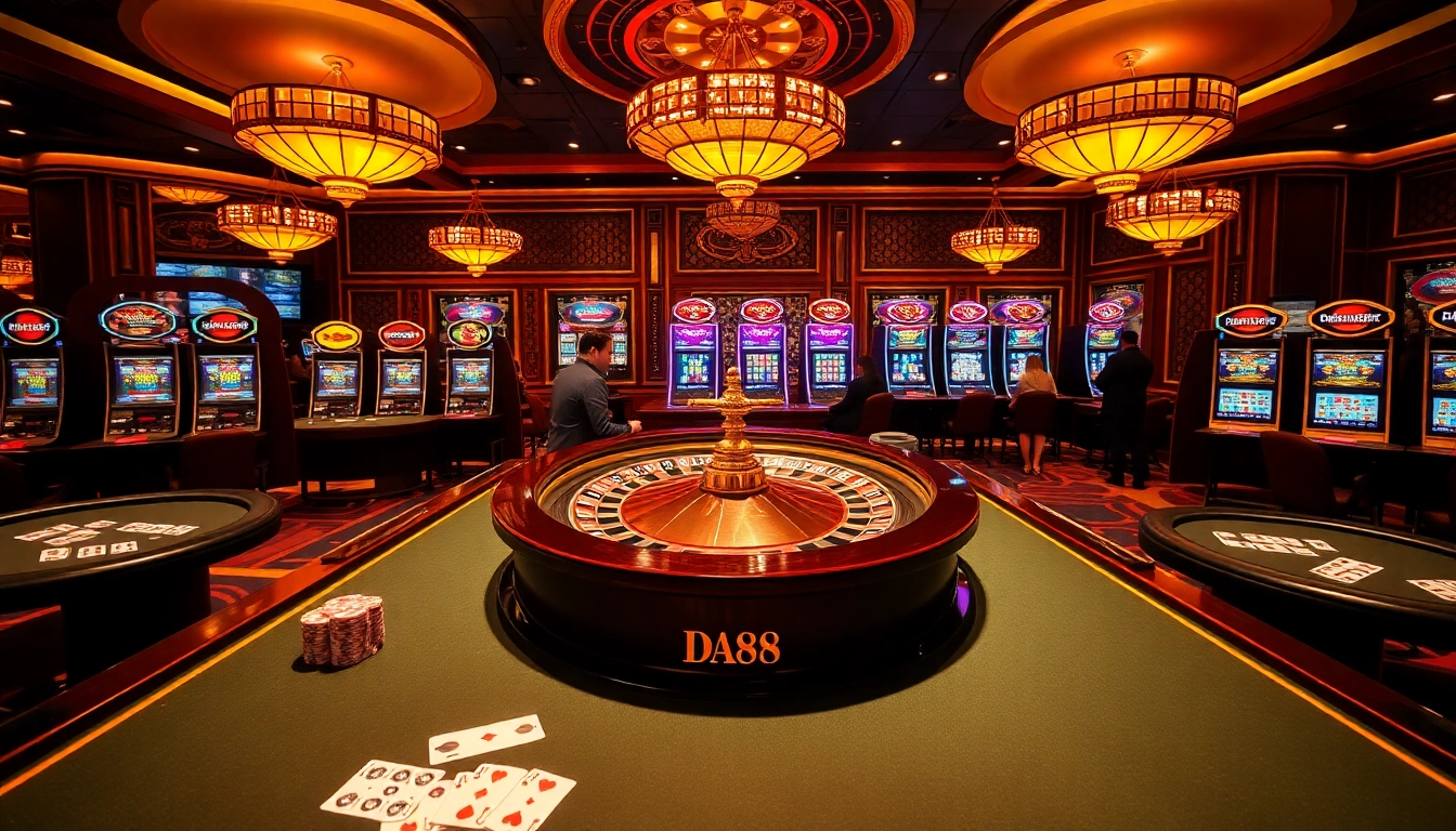 Experience the thrill of DA88 in a luxurious casino setting filled with poker tables and vibrant slot machines.