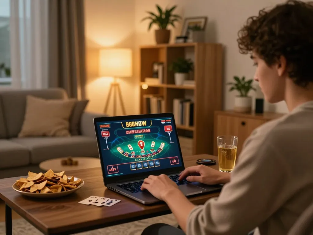 Engaging in online gaming on 888NOW from a cozy home setup with laptop and snacks.