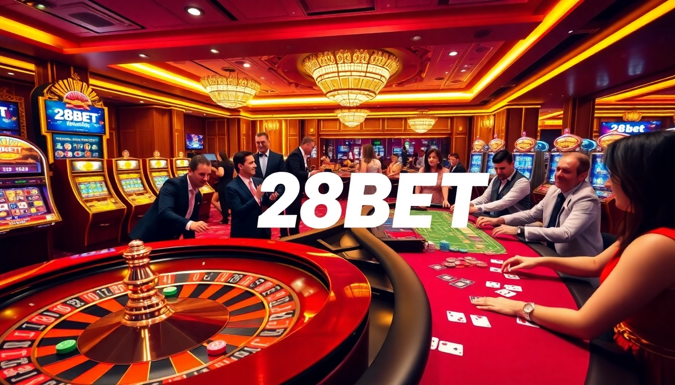 Engaging players at a vibrant 28BET casino with roulette, poker, and slot machines.