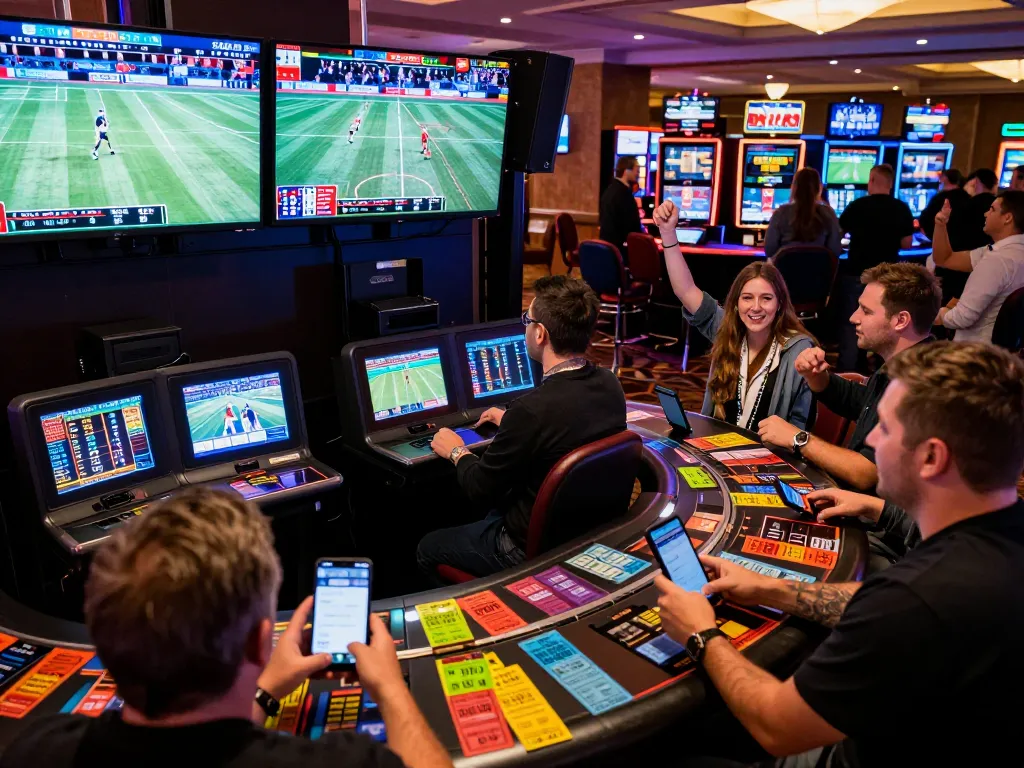 Betters strategically placing wagers on sports events in a vibrant casino setting with modern technology.