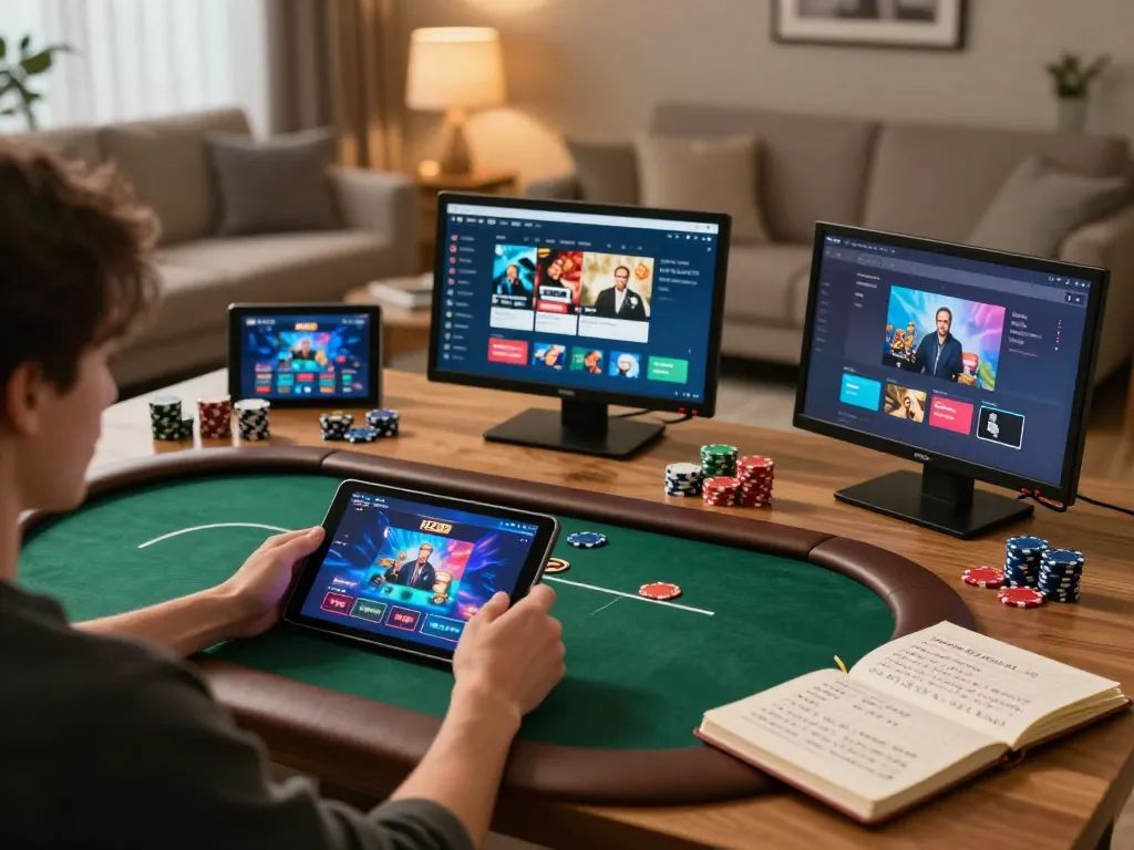 Engaged player enjoying HZ88 poker game on tablet in a modern living room.