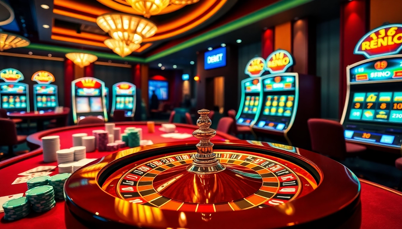 Experience the thrill of gambling at Trang Chủ DEBET with vibrant casino tables and exciting slot machines.