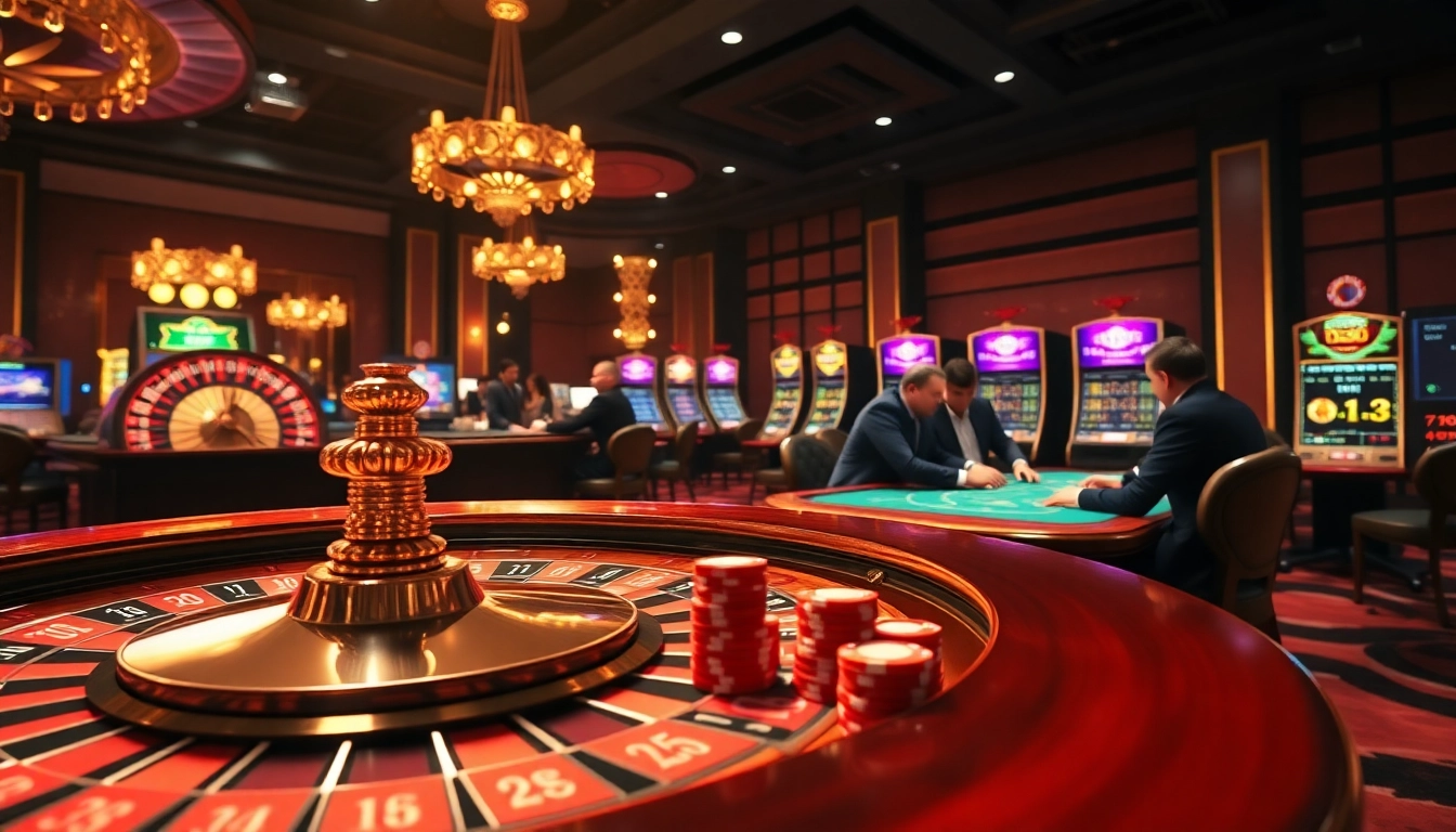 Exciting gambling scene at https://mm88.agency/ with roulette wheel, poker chips, and modern casino elements.