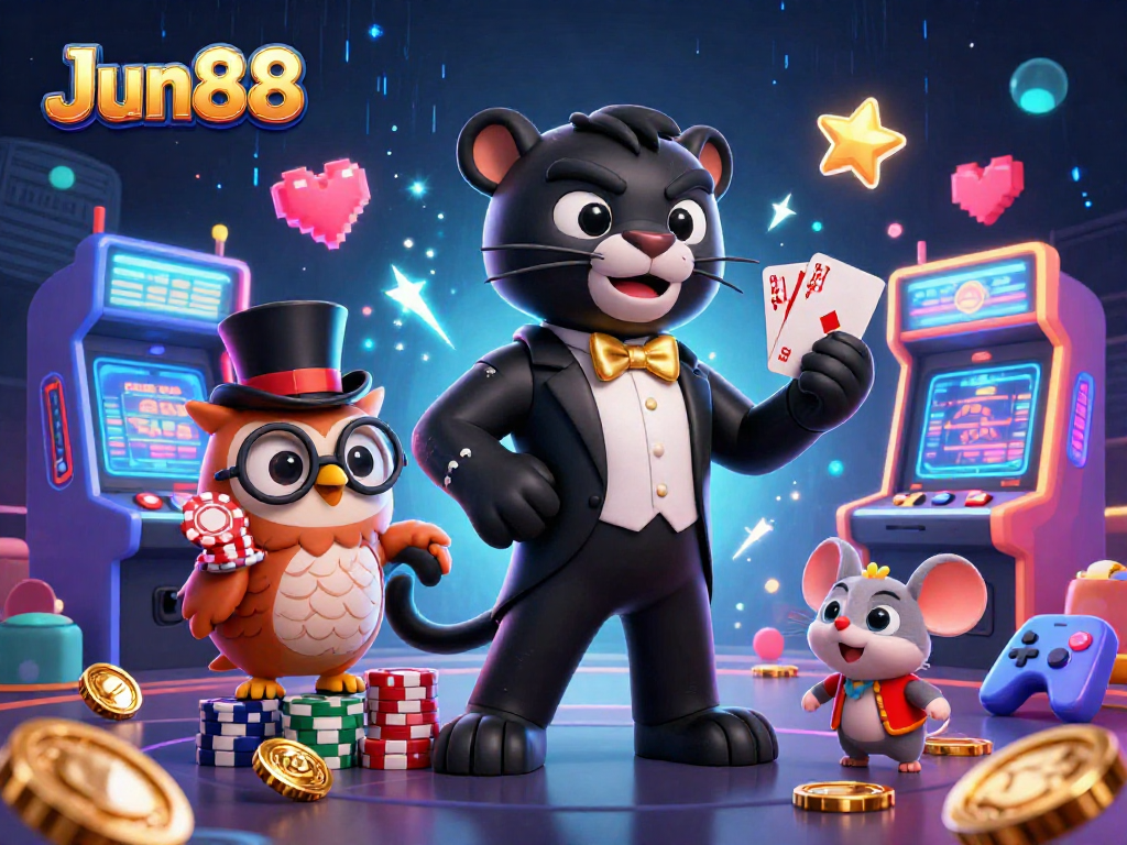 Experience thrilling gaming at Jun88 with a stylish panther dealer and lucky companions.