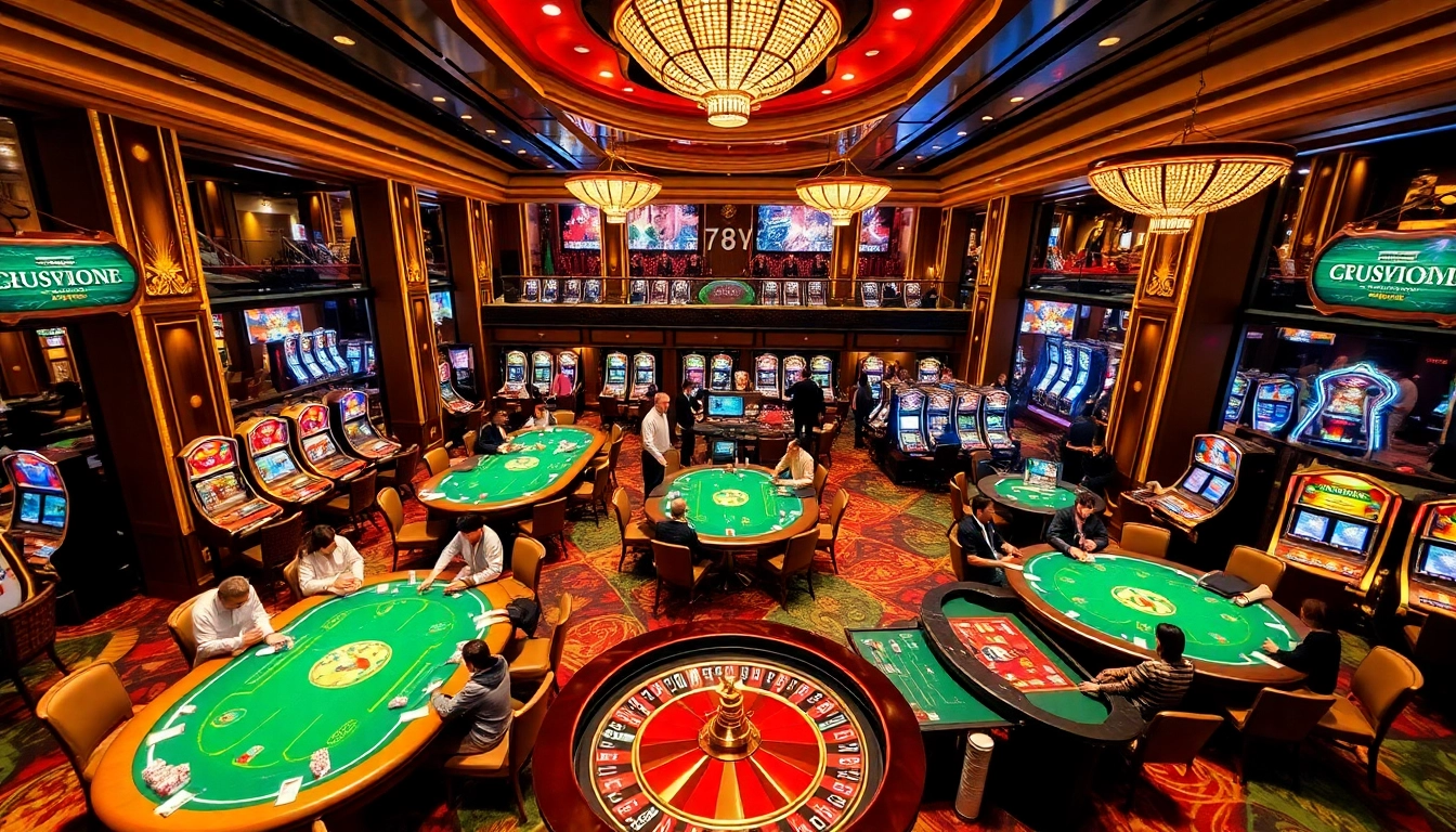 78WIN casino guests enjoy thrilling poker games and vibrant slot machines in an elegant setting.
