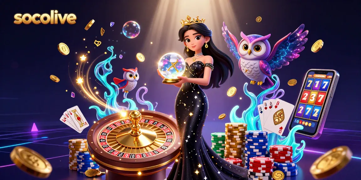 Engage with Socolive's vibrant gambling scene featuring a dynamic 3D character illustration.