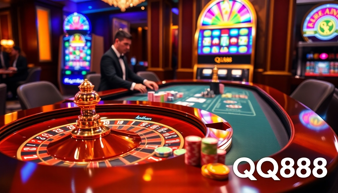 Engaging casino scene featuring roulette and QQ88 brand elements, highlighting luxury and excitement.