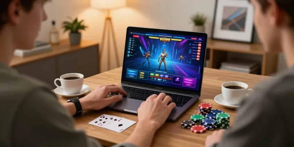 Engaged player enjoying non Gamstop casino gaming at home with vibrant laptop graphics.