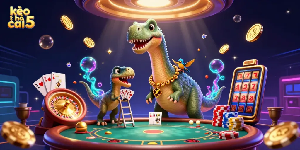Experience exciting betting with kèo nhà cái 5 in a whimsical casino scene featuring a towering brontosaurus.
