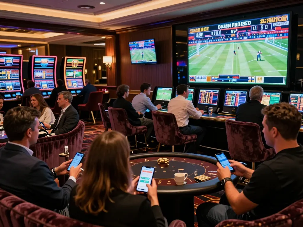 Engaging atmosphere in a luxurious sports betting lounge showcasing keonhacai with bettors analyzing games.