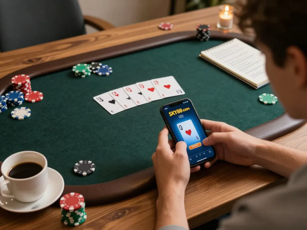 Person engaged in intense online poker on SKY88 com app, showcasing strategic gameplay elements and cozy home atmosphere.