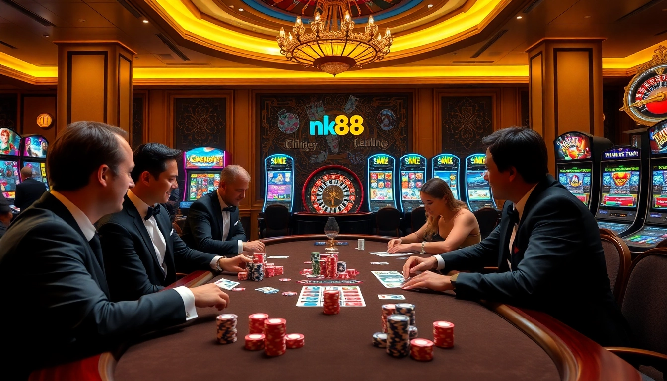 Engage with the excitement of nk88 at a thrilling poker table with vibrant graphics and elegant players.
