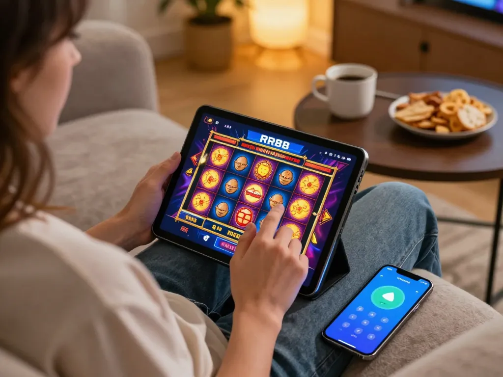 Person enjoys online gambling on RR88 with a mobile device while relaxing at home