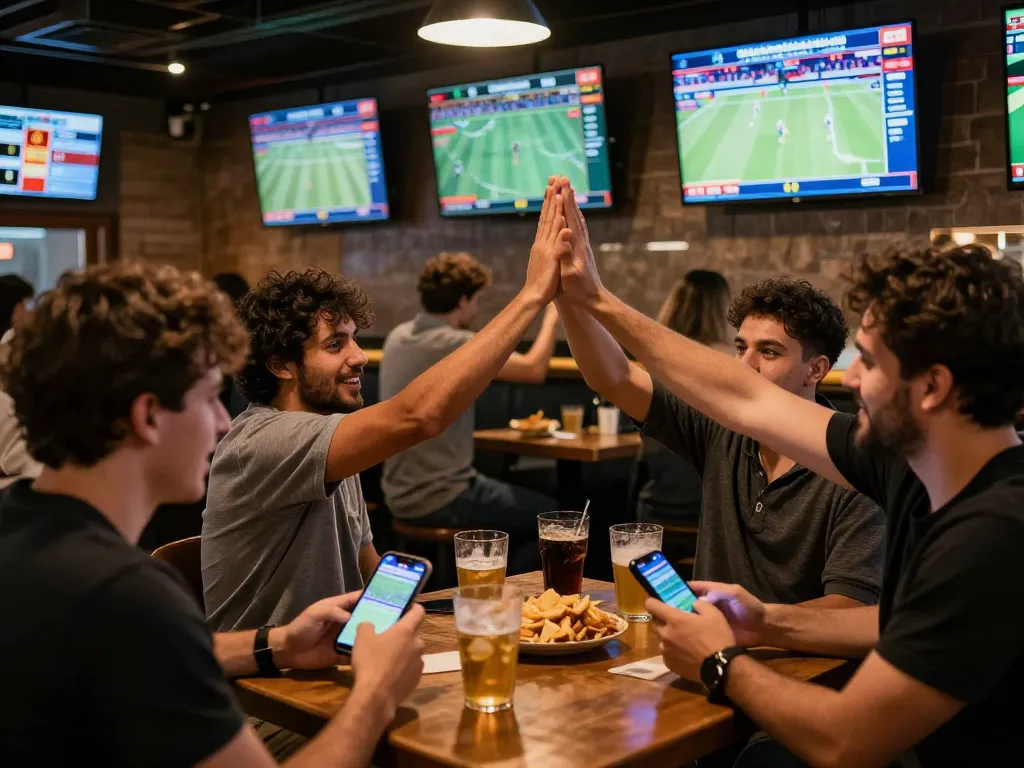 Nagabola sports betting moment with enthusiastic patrons celebrating wins at a lively bar