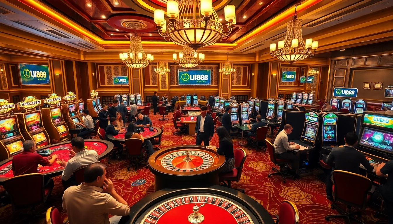 UU88 casino experience with players engaging in roulette and slot machines, exuding excitement and luxury.