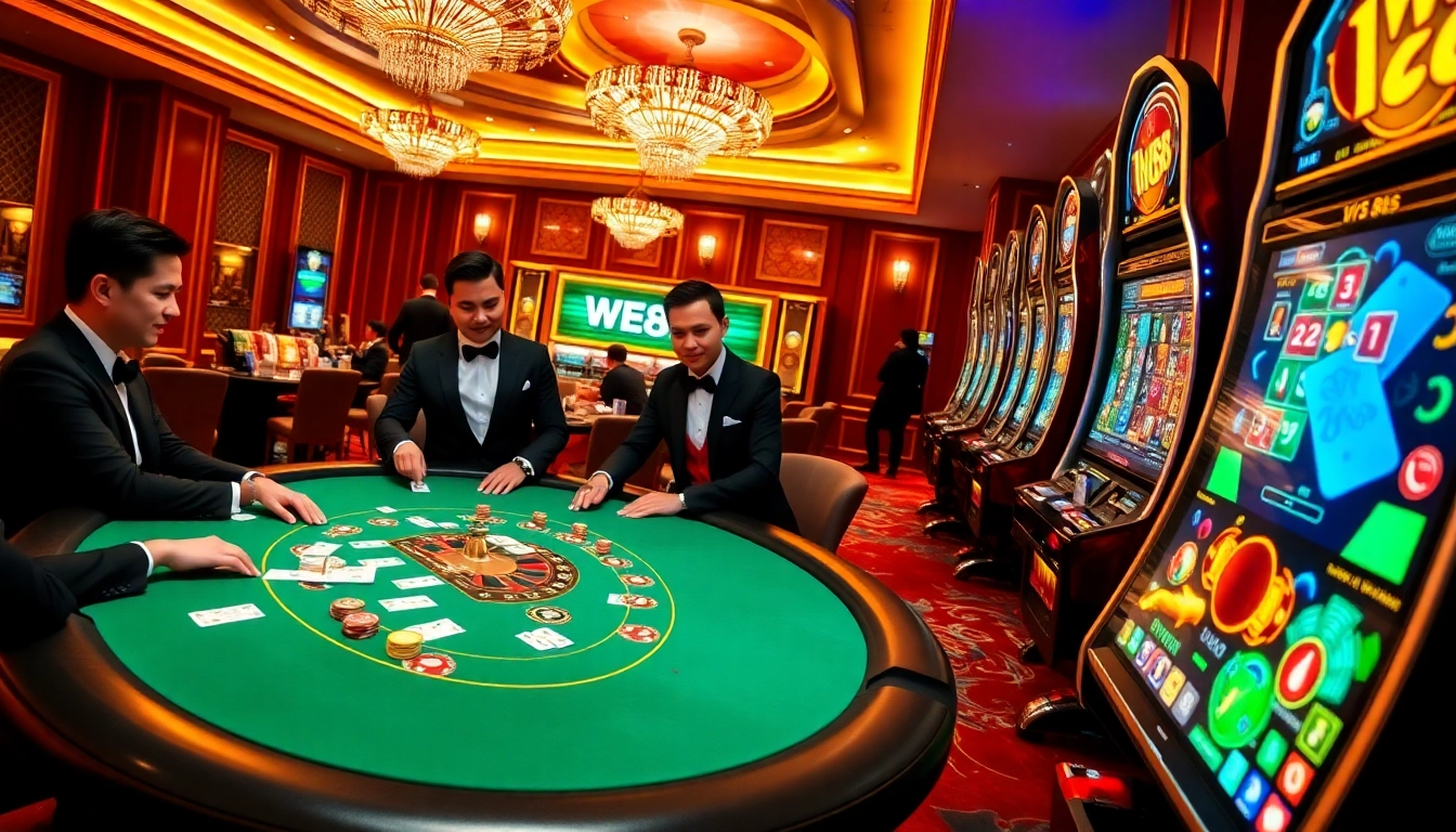 Players enjoying a thrilling game at WE88 casino's luxurious poker table with colorful slot machines.