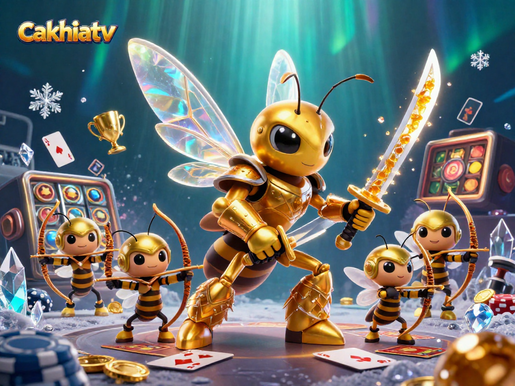 Cakhiatv showcases an interactive gaming scene with a golden hornet character surrounded by casino elements.