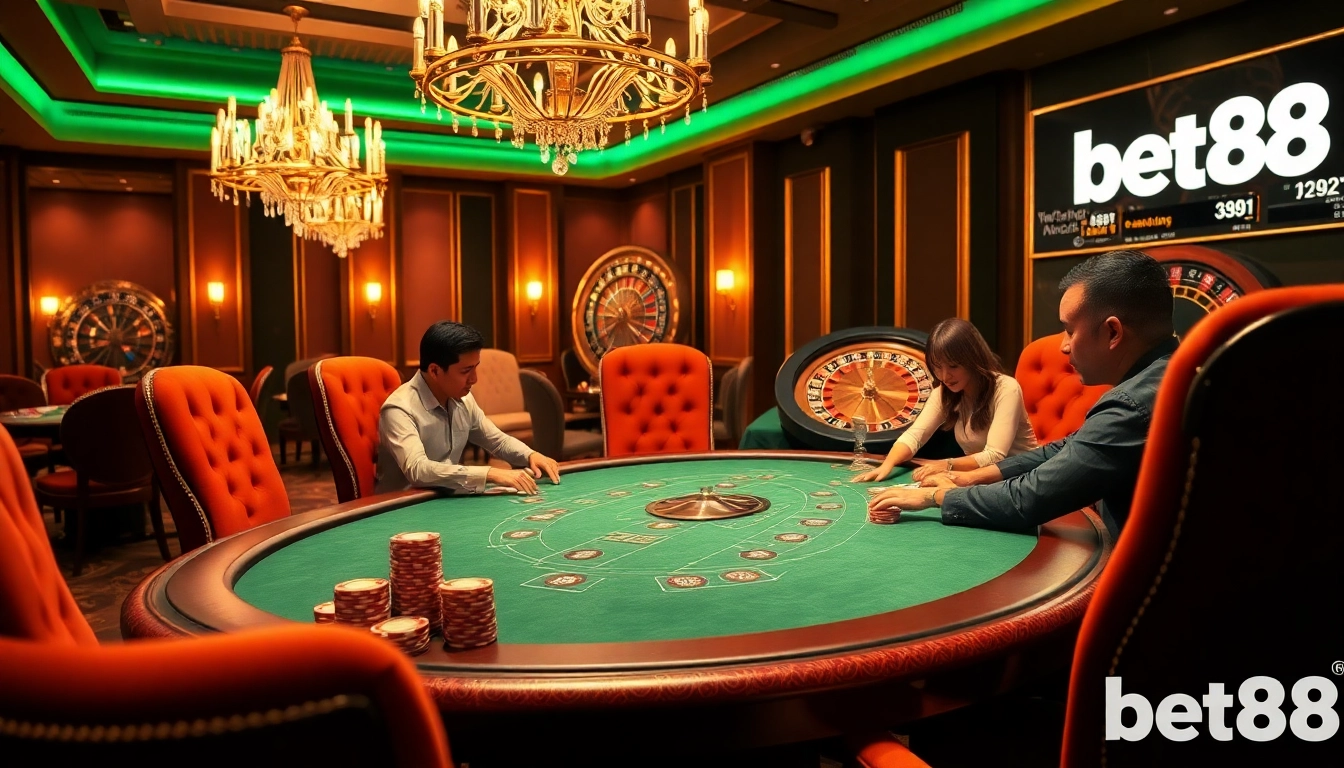 Engaging players enjoying a thrilling Bet88 casino experience with card games and roulette.