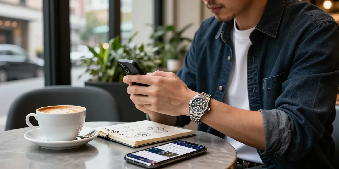 A watch enthusiast examining luxury replica watches at an upscale café, showcasing vibrant urban lifestyle elements.