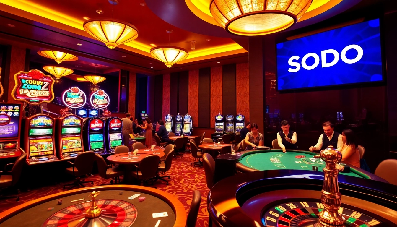 Experience thrilling gambling action at SODO Casino with vibrant slot machines and poker tables.