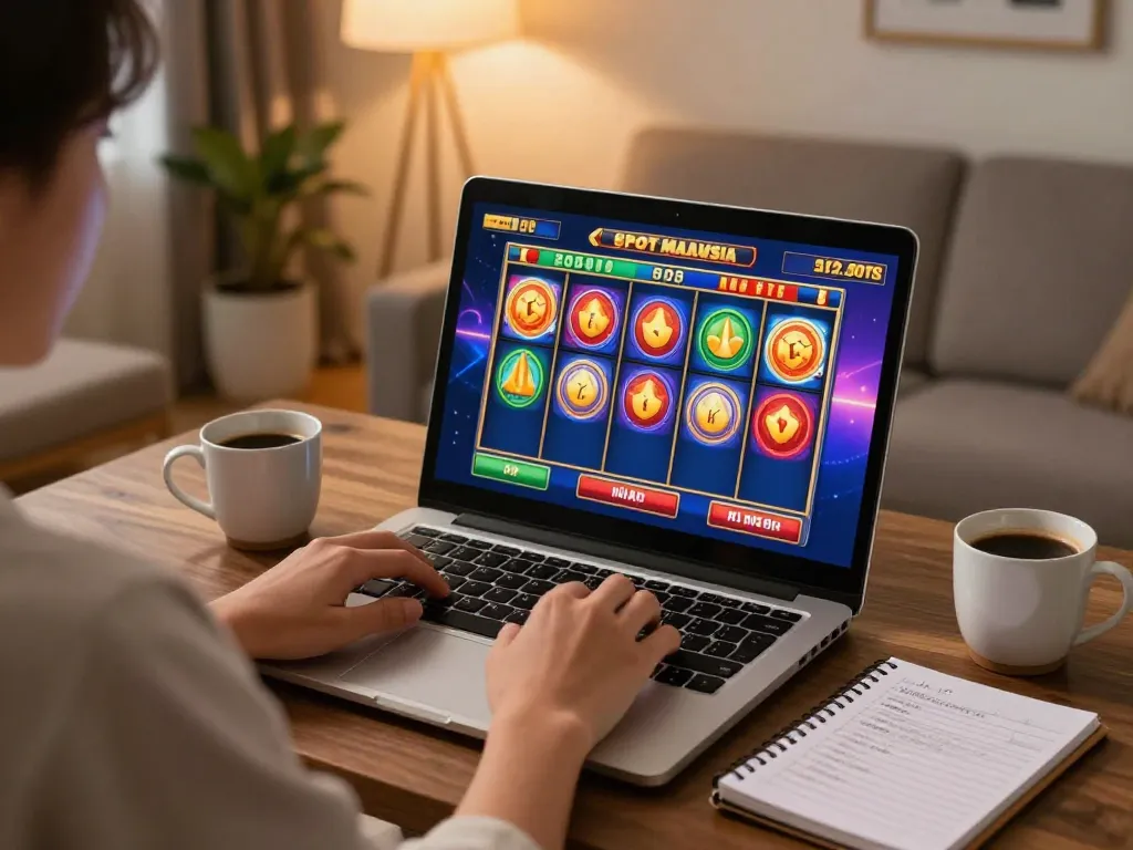 Playing Slot Malaysia online at home with laptop and strategic notes on table