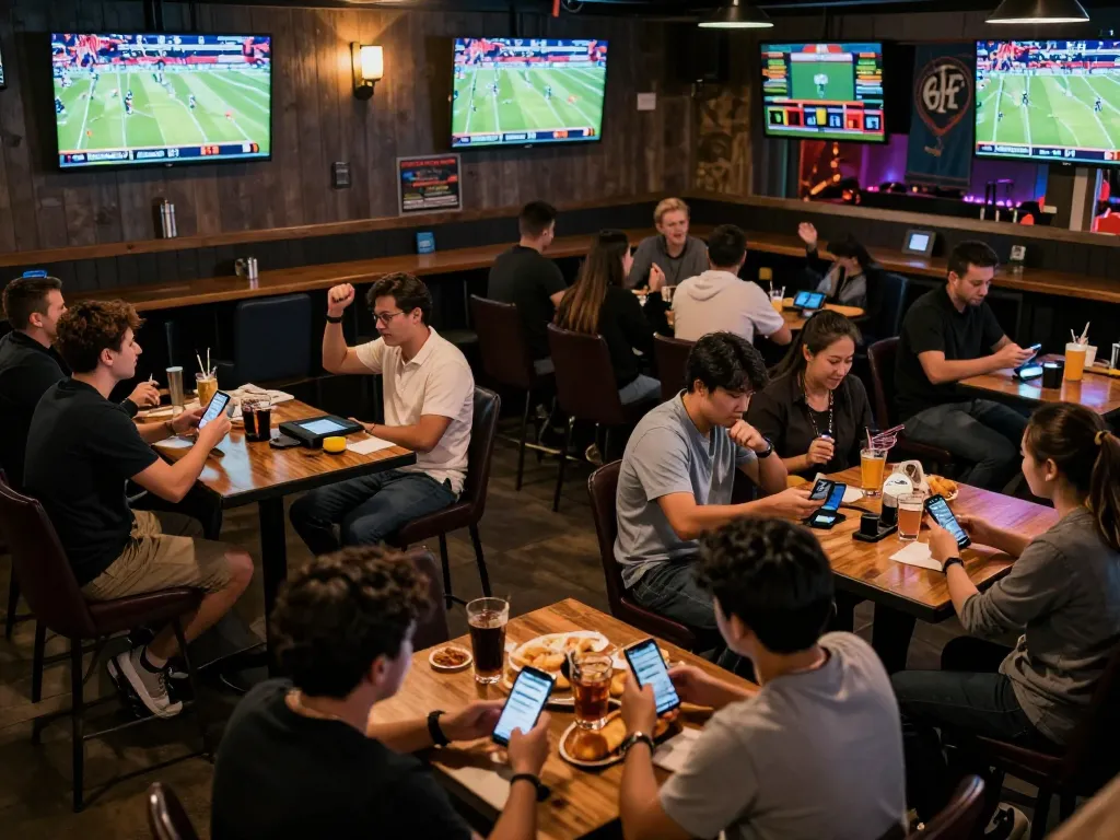 Patrons enjoying live sports betting at a lively bar atmosphere on https://9bet9.in.net.