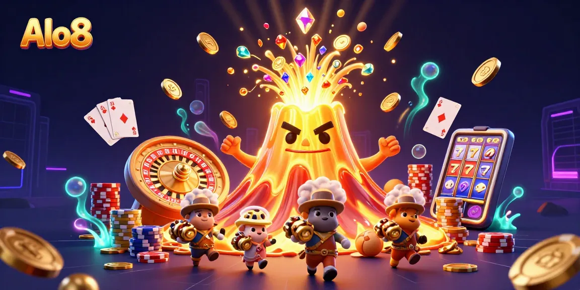 Alo8 showcases a vibrant casino scene with a triumphant volcano and treasure-seeking explorers.