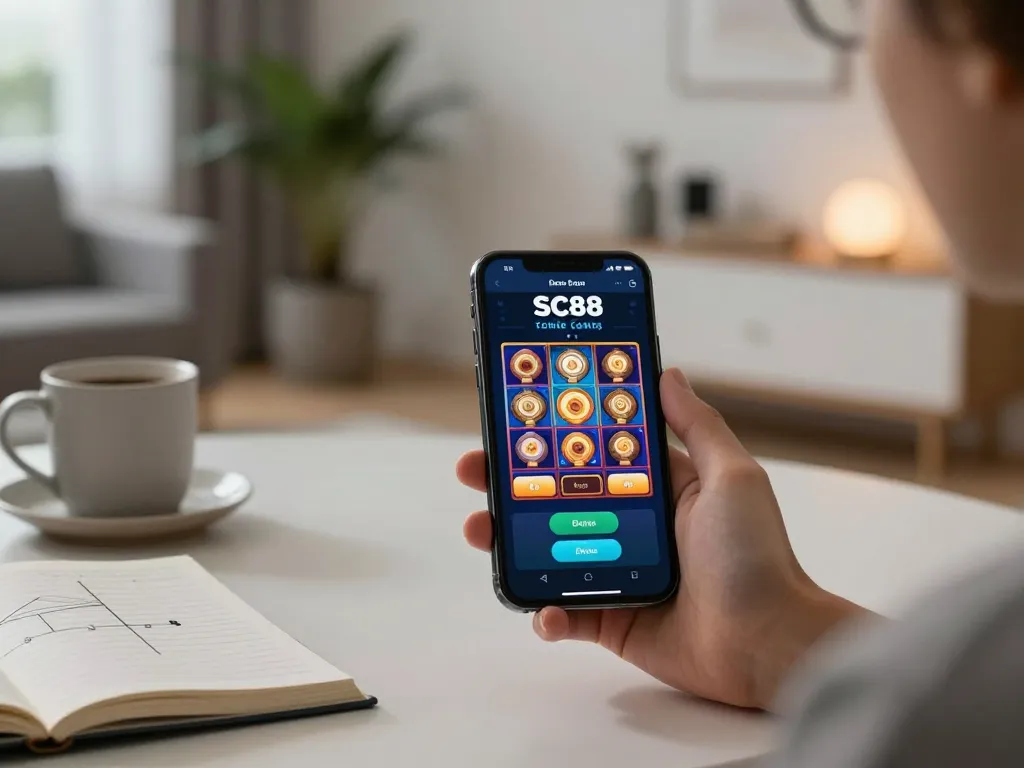 Playing on SC88 Com app shows vibrant slot game on smartphone, indicating online gaming experience