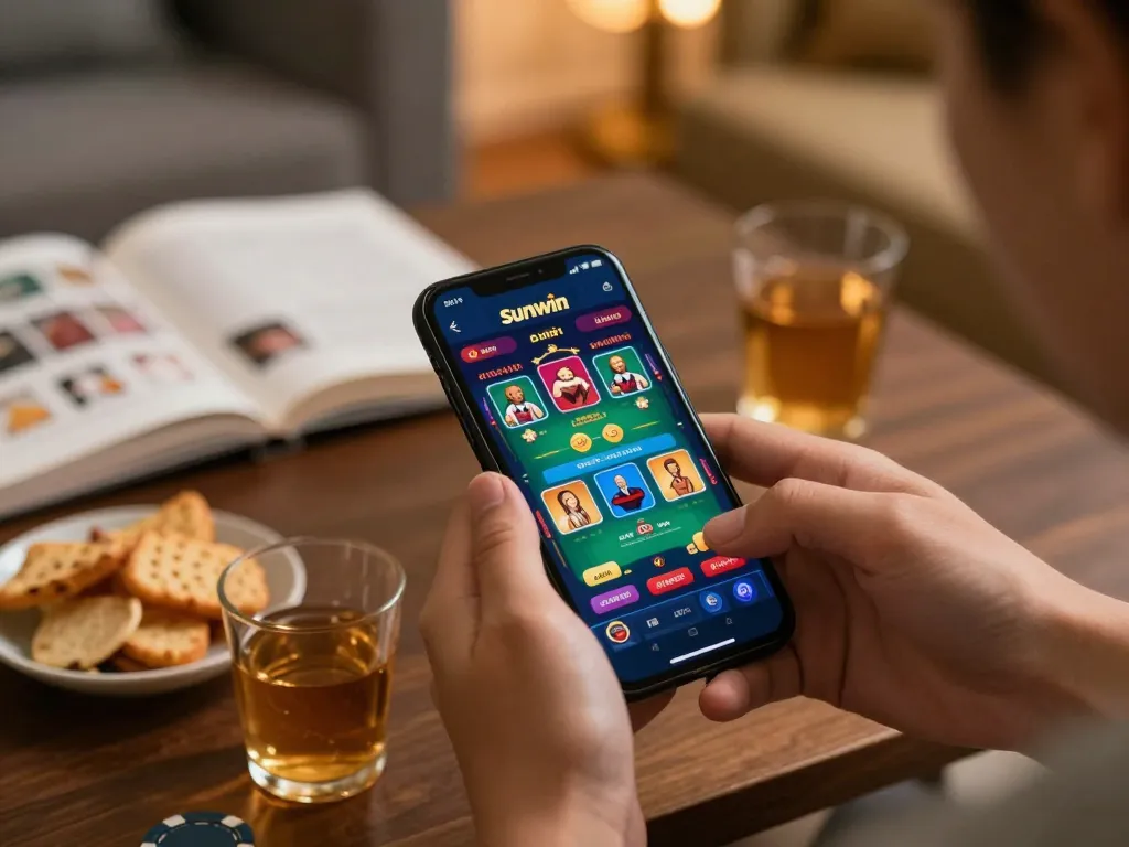 Engage in thrilling gameplay on the Sunwin mobile app with a cozy home setup and vibrant game interface.