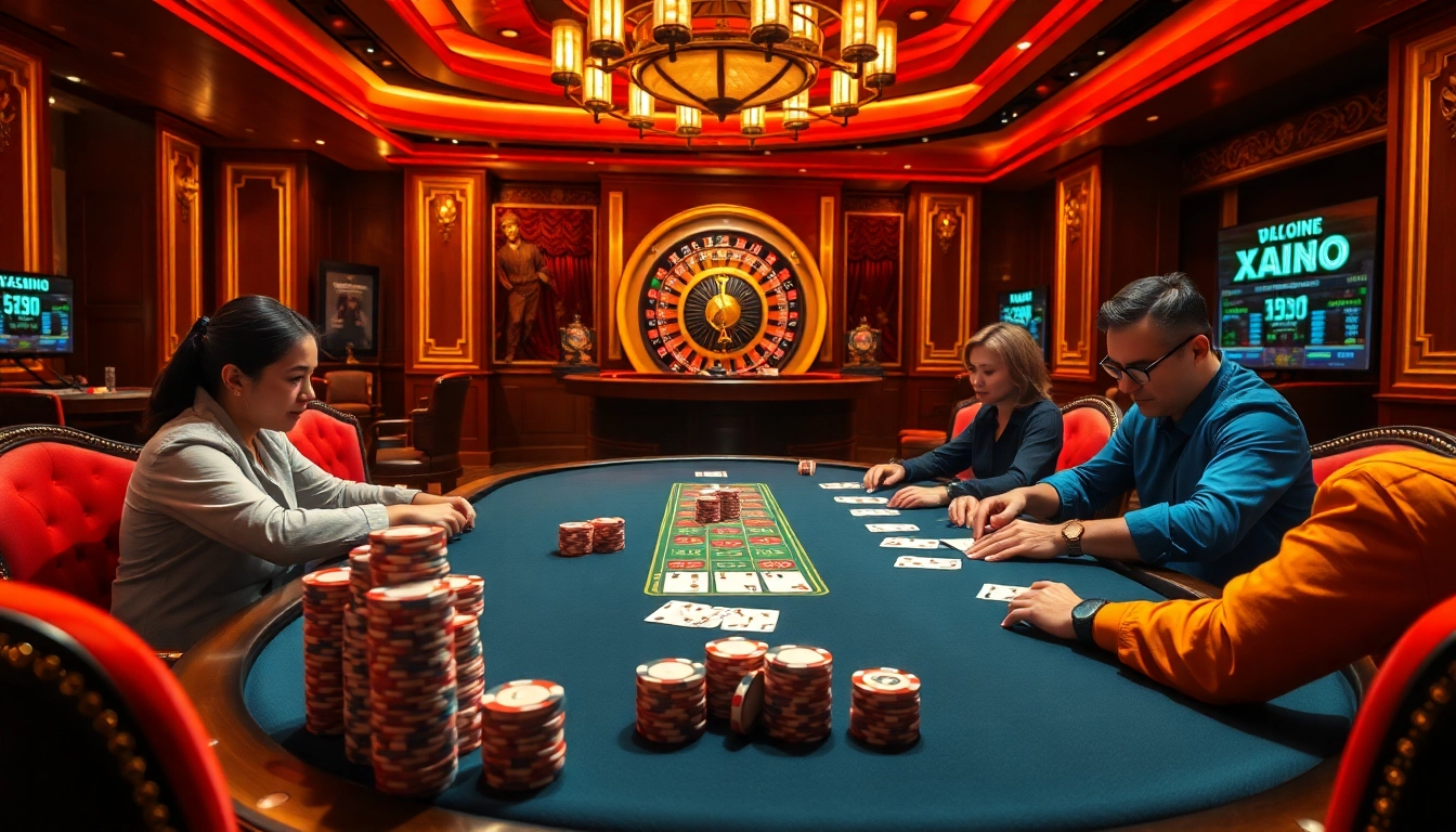 Exciting casino scene highlighting XX88 with poker players and luxurious decor.