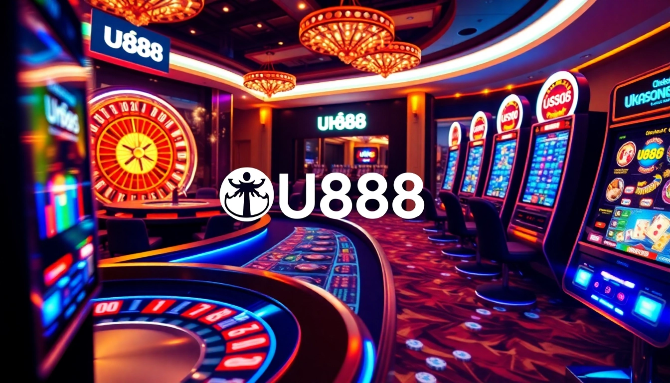 U888 casino interface showcasing vibrant poker tables and glowing slot machines in a luxurious online environment.