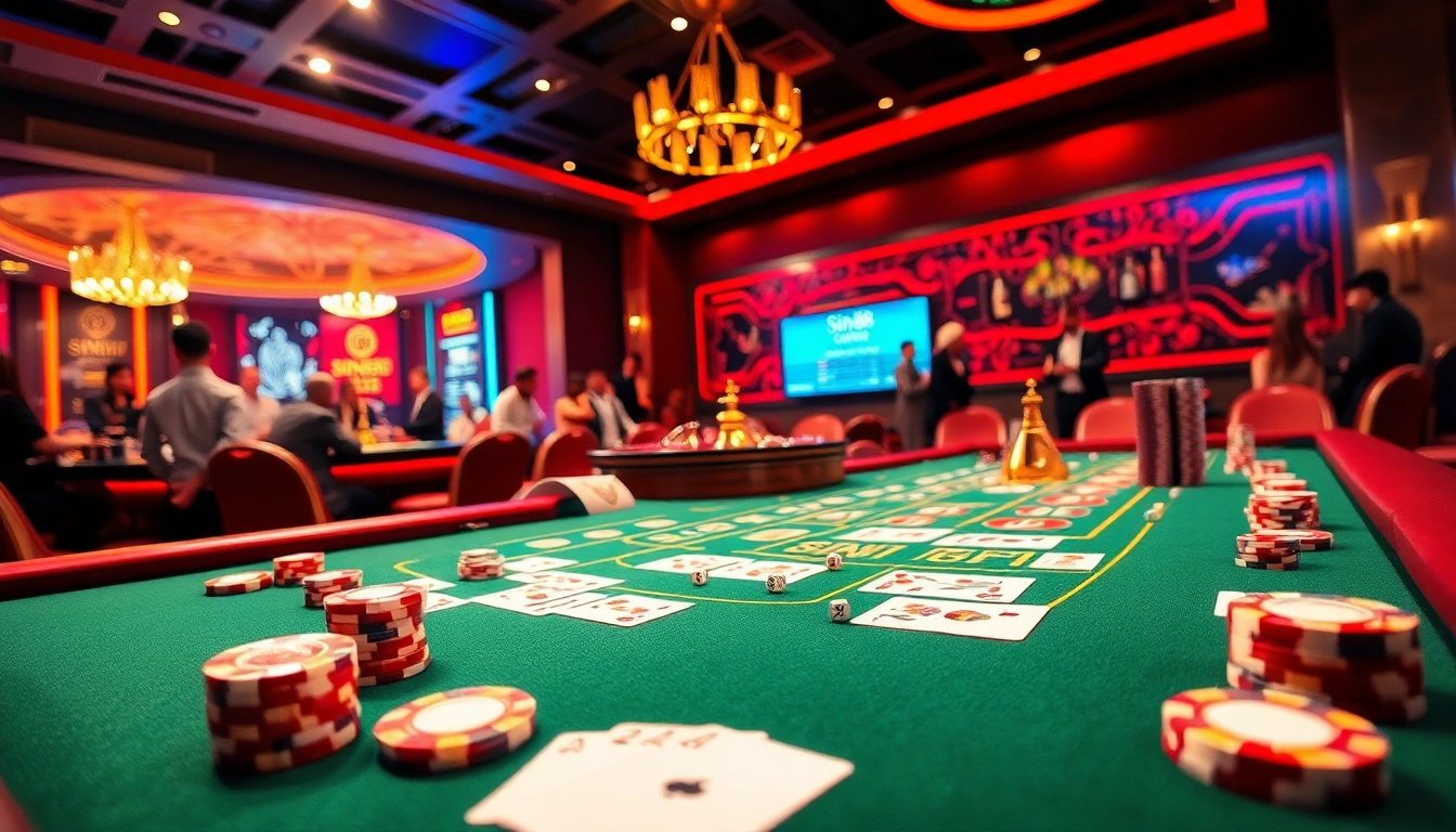 SIN88 betting table showcasing vibrant chips and playing cards in a luxurious casino atmosphere