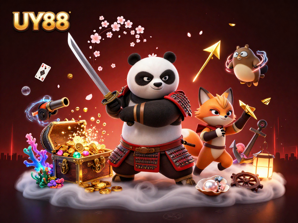 Engage in thrilling gameplay at UY88, with a vibrant scene featuring a samurai panda, ninja fox, and magical tanuki.