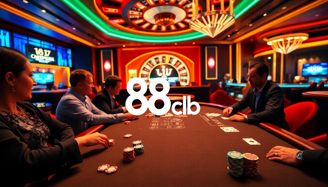 Players strategizing at the poker table with 88clb branding, embodying a vibrant casino atmosphere.