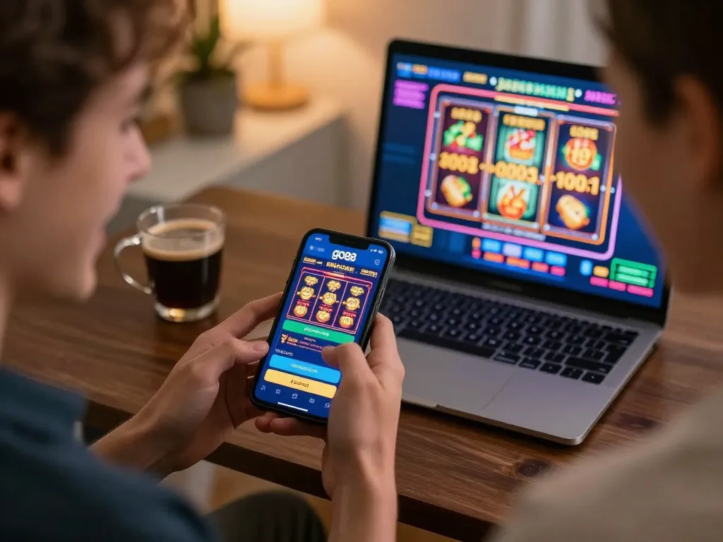 Player engaging with go88 app on smartphone in cozy home setting, capturing online gambling excitement.