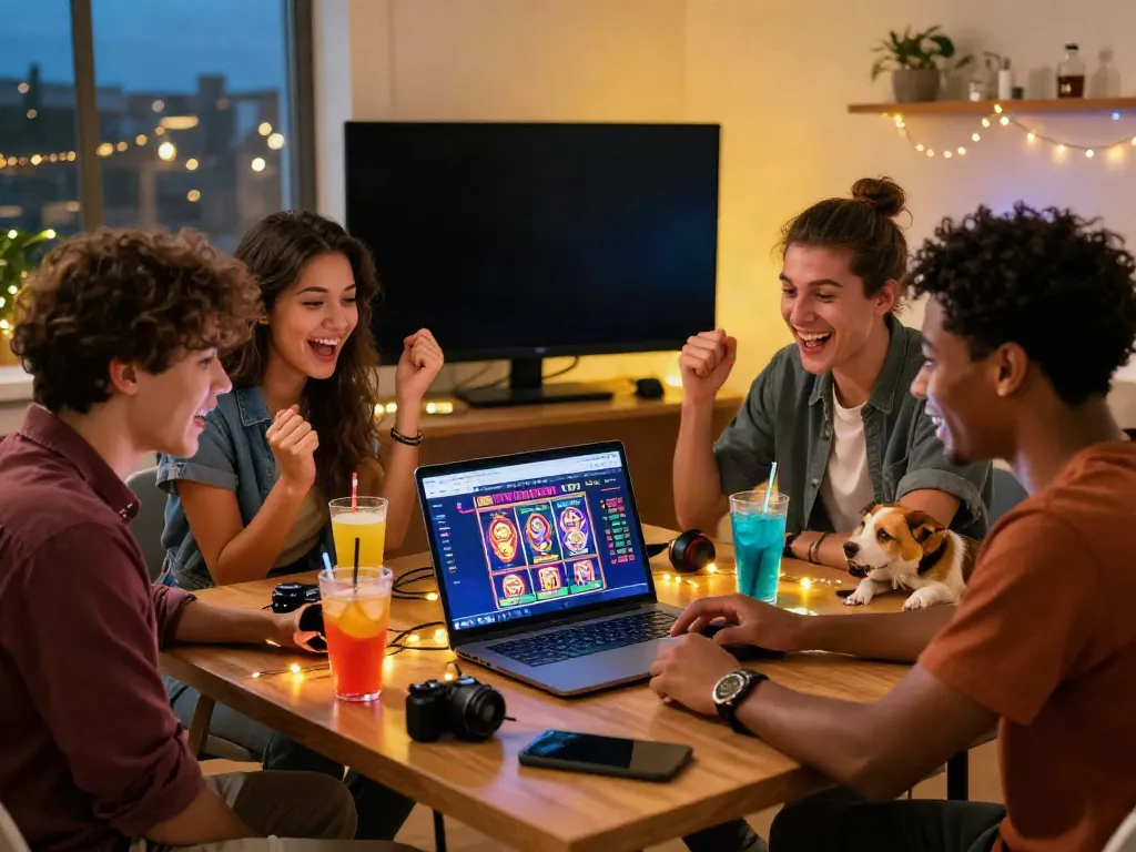 Friends enjoying an exciting non gamstop casino experience together online with drinks and gaming accessories.