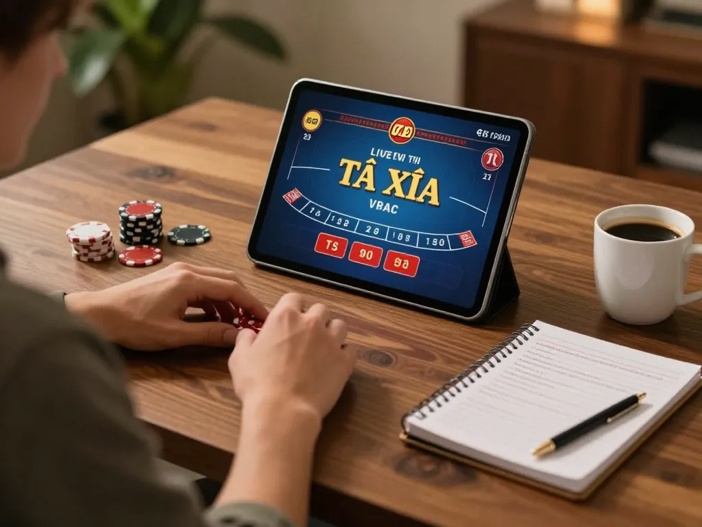 Tài xỉu online gaming session featuring a player strategically engaging with live dealer interface at home.