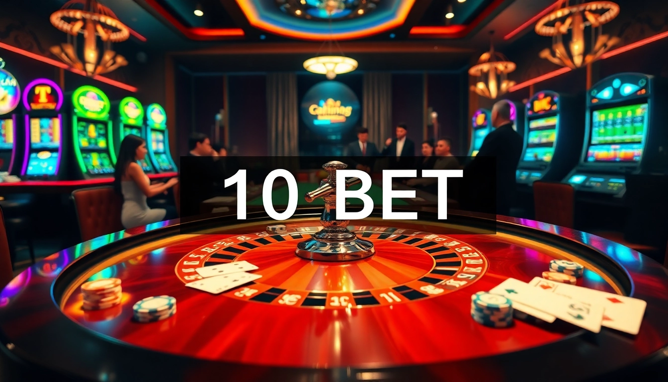 Casual players interact with a roulette table and poker chips at a vibrant 10 BET casino.