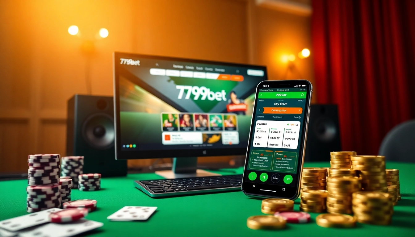 Experience the excitement of 789bet with an engaging online gambling scene showcasing a sleek computer setup and mobile app.