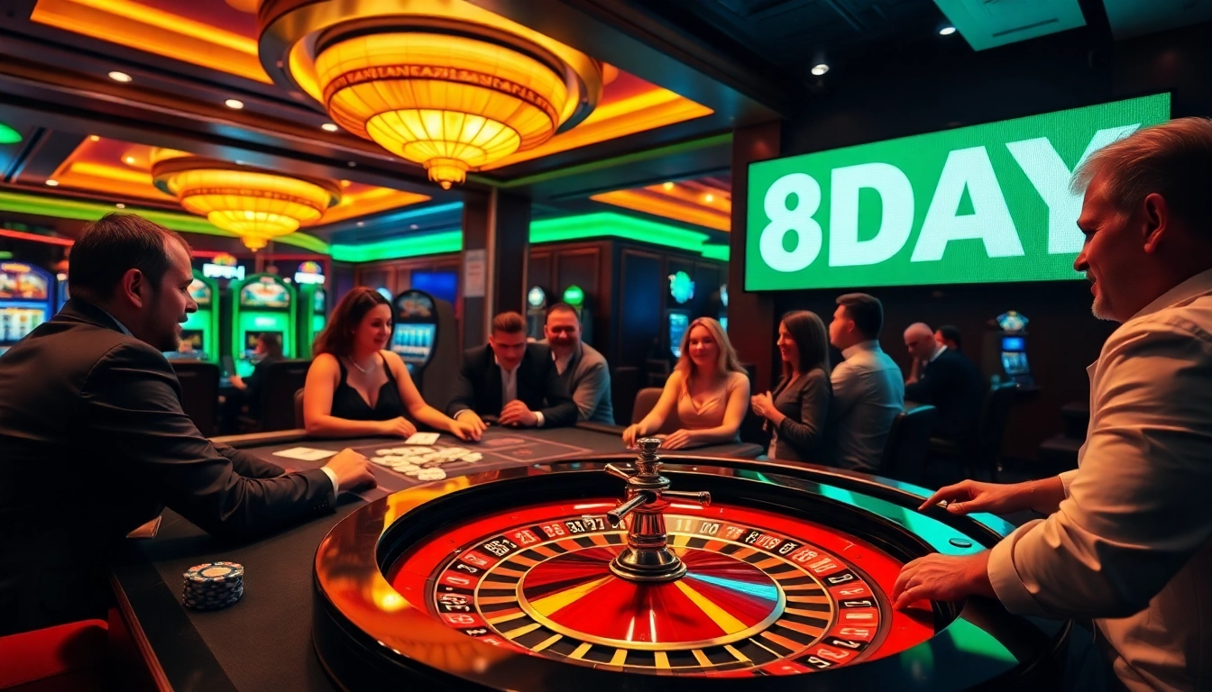 Gambling excitement at a luxury casino featuring the '8DAY' gaming table with players and roulette wheel.