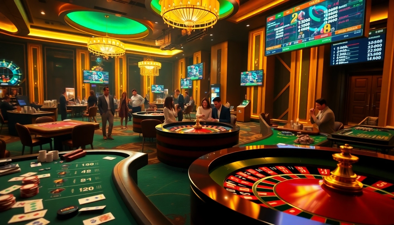 Visualize thrilling gameplay at https://f168.win/ with a vibrant casino scene featuring roulette, cards, and excited players.