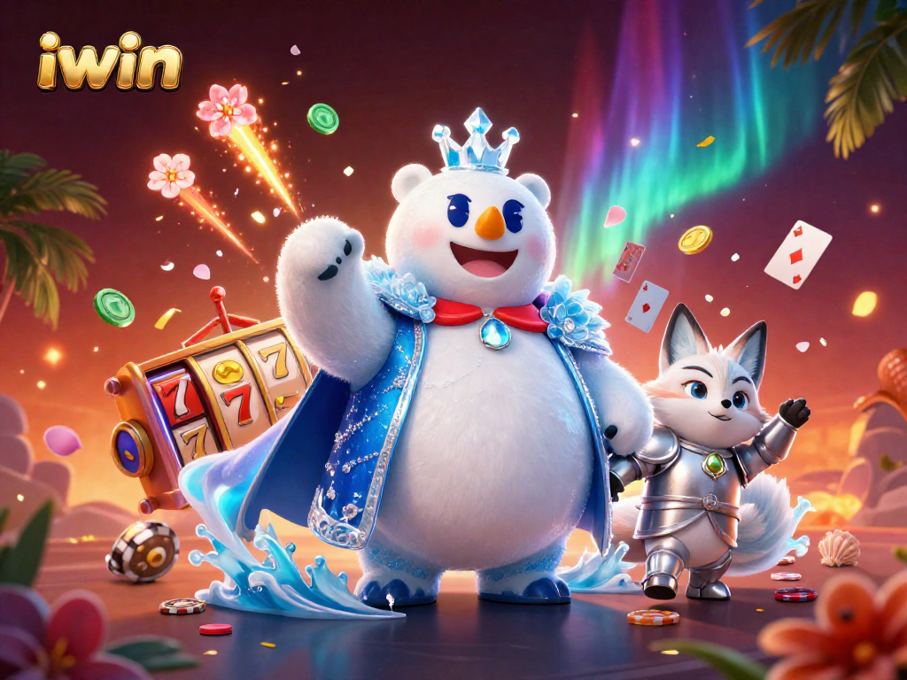 Experience the vibrant energy of iwin with our animated slot gaming scene showcasing a polar bear and fox.