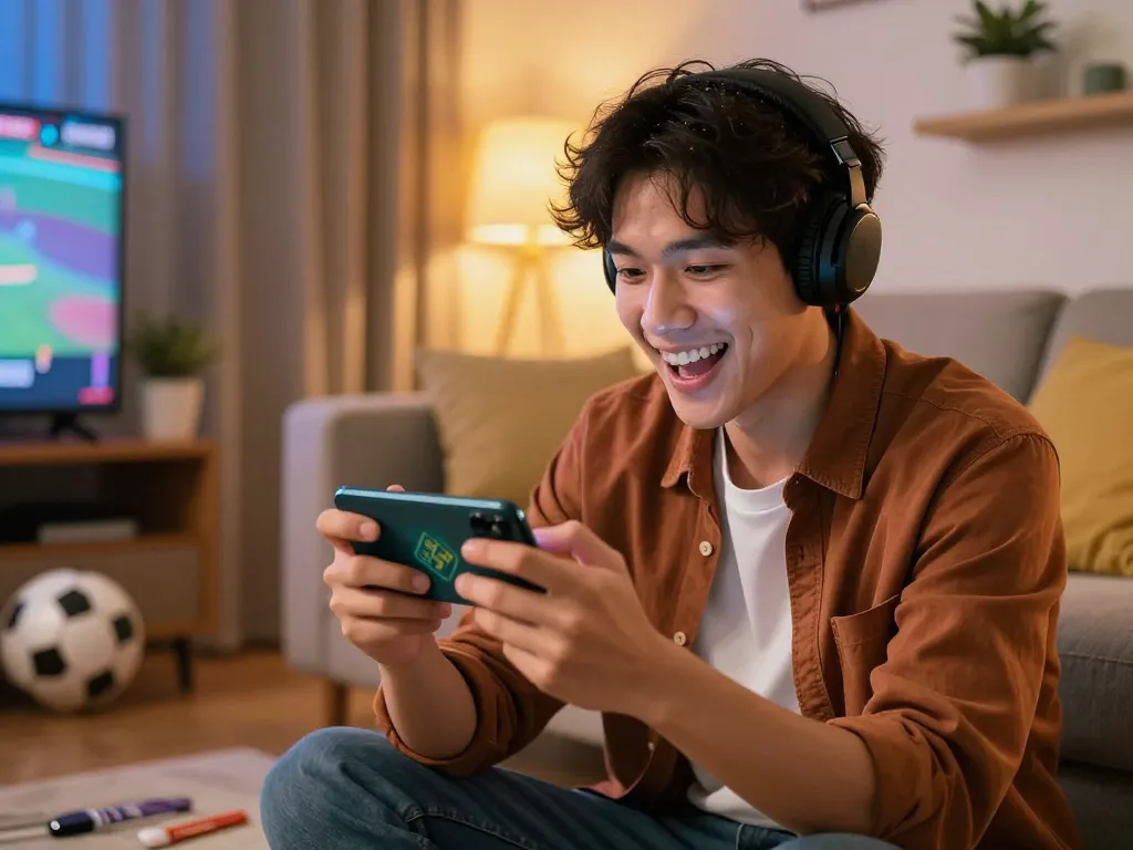 Engaging in sports betting on HELLO88 app in a vibrant home setting, illustrating modern gambling enjoyment.
