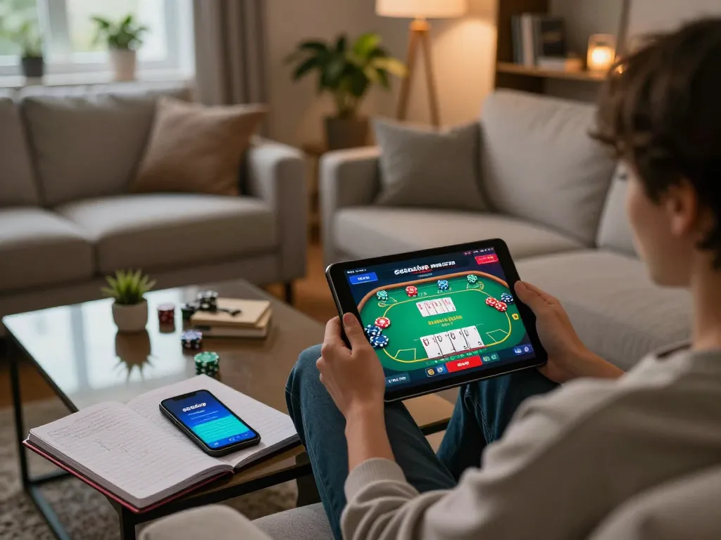 Person enjoying online gambling on socolive, cozy home setting with tablet and betting notes.