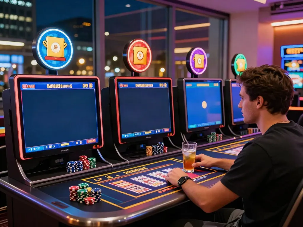 Player enjoying games at a non gamstop casino with vibrant environment and casino chips.
