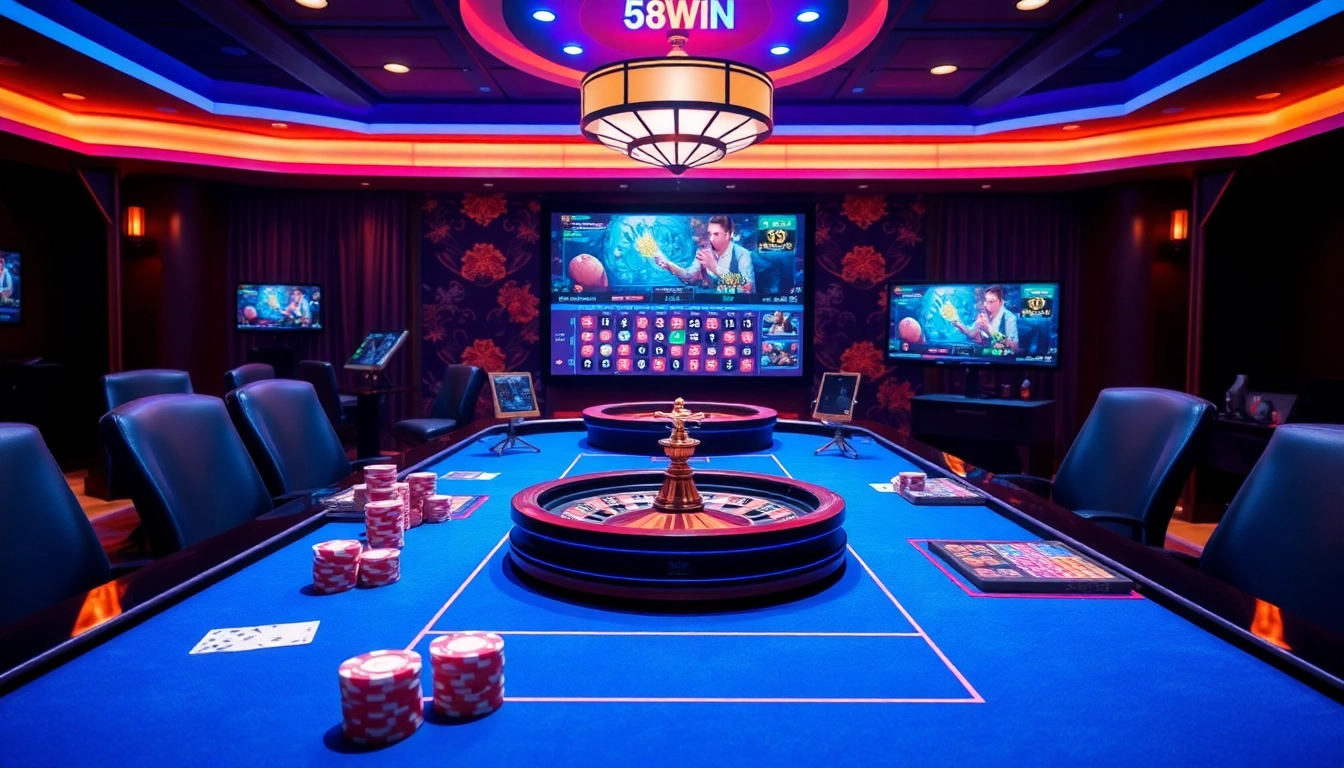 Engage with thrilling gameplay at https://58win.watch/ featuring luxurious poker tables and vibrant casino elements.