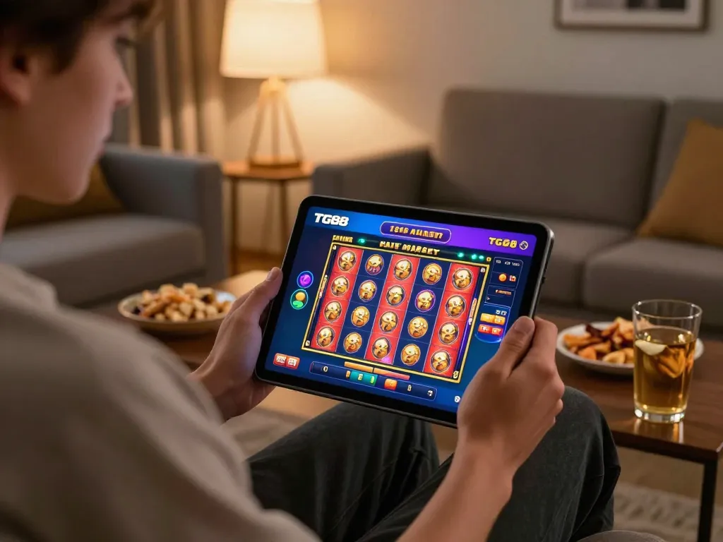 Engaging with the TG88 mobile casino app while enjoying a cozy home gaming experience.